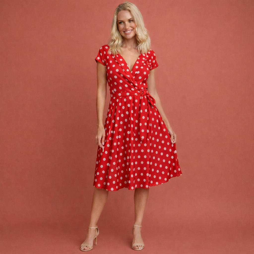 Polka dot dress with V-neck and belt for women | Frederika