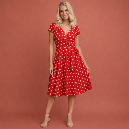 Polka dot dress with V-neck and belt for women | Frederika