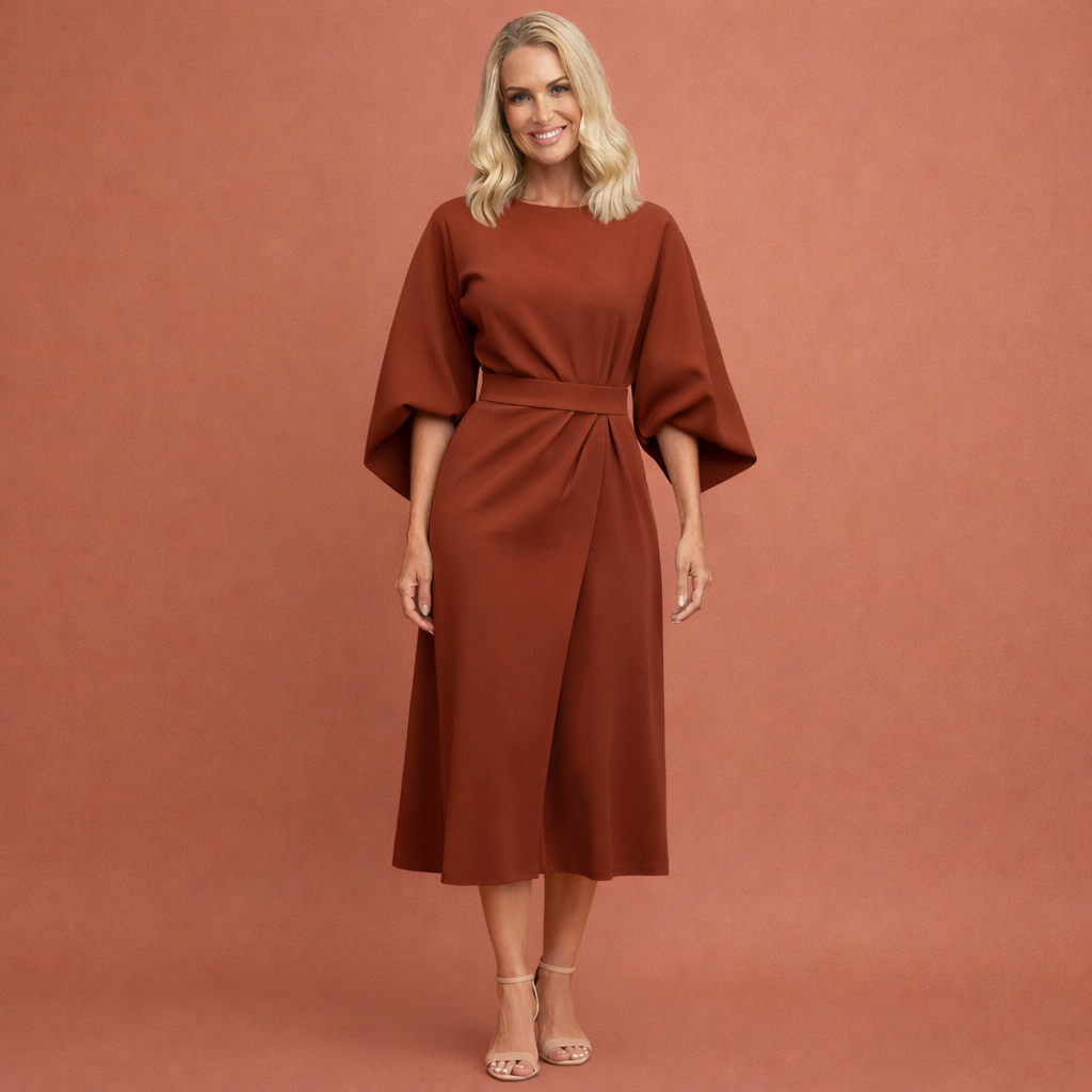 Maxi wrap dress with belt and wide sleeves for women | Evelina