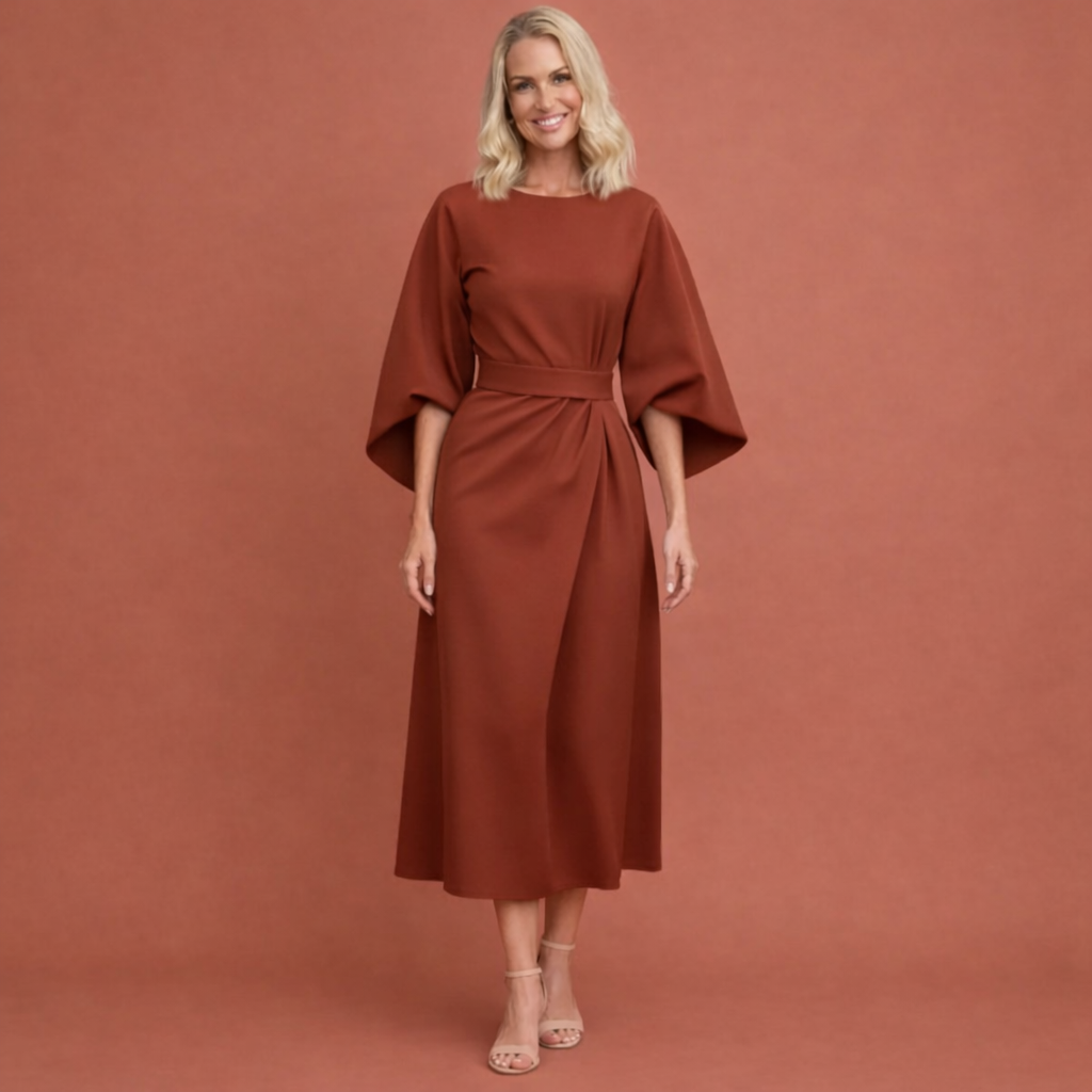 Midi dress with lantern sleeves and belt for women | Julie