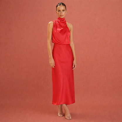 Elegant maxi dress with draped neckline and sleeveless design for women | Helena