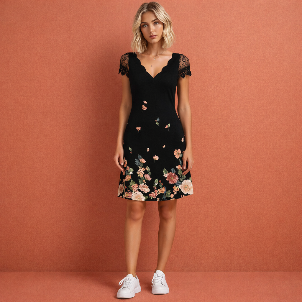 Lace Mini Dress with Scalloped V-Neck for Women | Danara