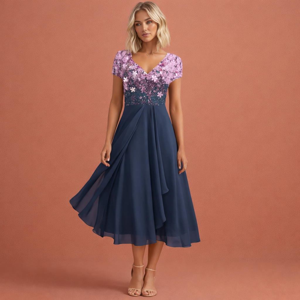 Midi evening dress with V-neck and floral bodice for women | Faith