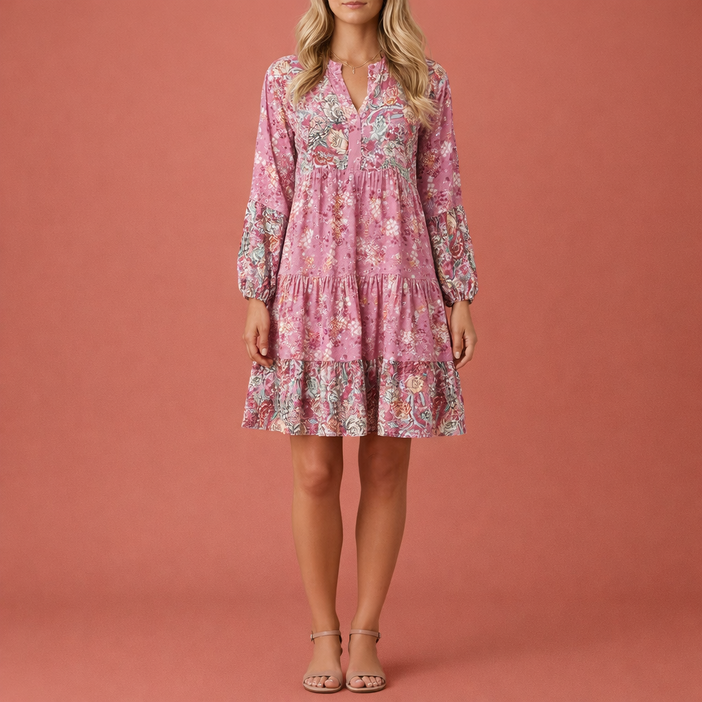 Bohemian midi dress with V-neck and flared sleeves for women | Aveline