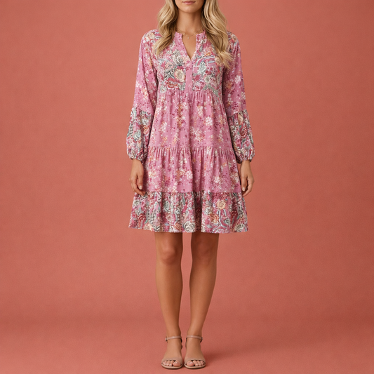 Bohemian midi dress with V-neck and flared sleeves for women | Aveline