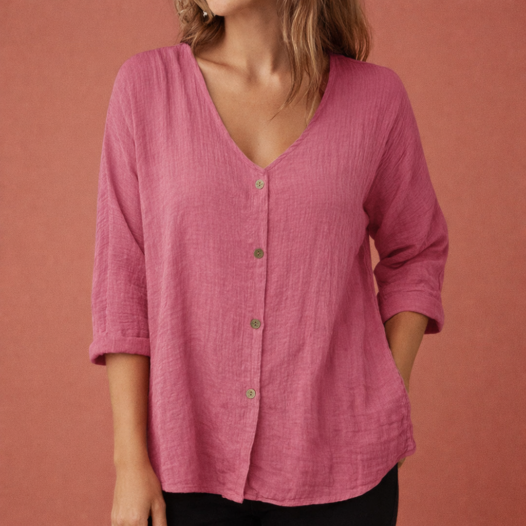 V-neck women's T-shirt with button closure and three-quarter sleeves | Ylena