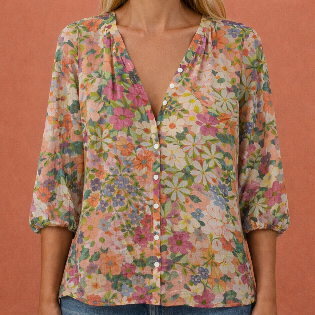 Printed blouse with V-neck and button closure for women | Mireya