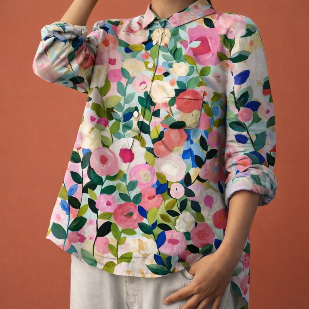 Flower print blouse with long sleeves and collar for women | Viona