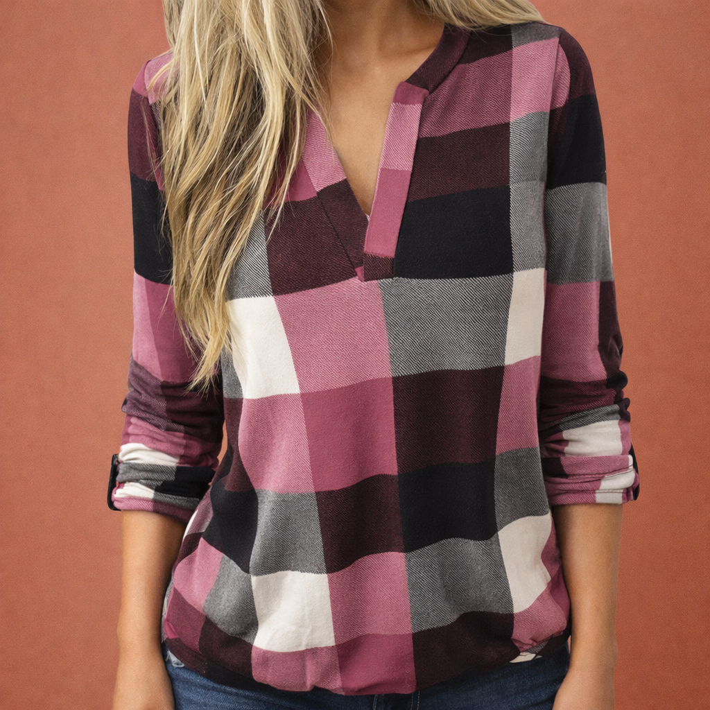Plaid V-neck blouse for women with long sleeves and cuffed sleeves | Zafira