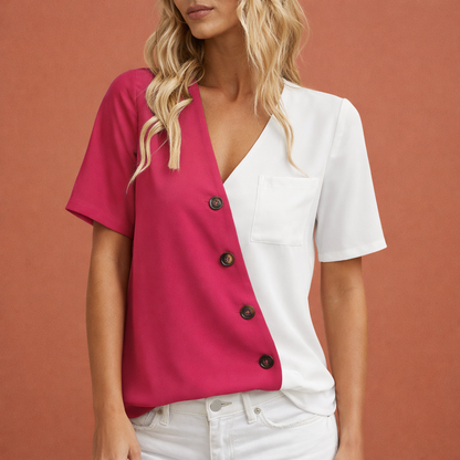 Colorblock blouse with asymmetrical buttons for women | Mirthe