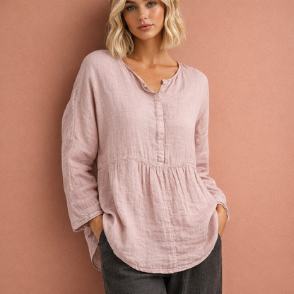 Linen tunic with V-neck and pockets for women | Johanna