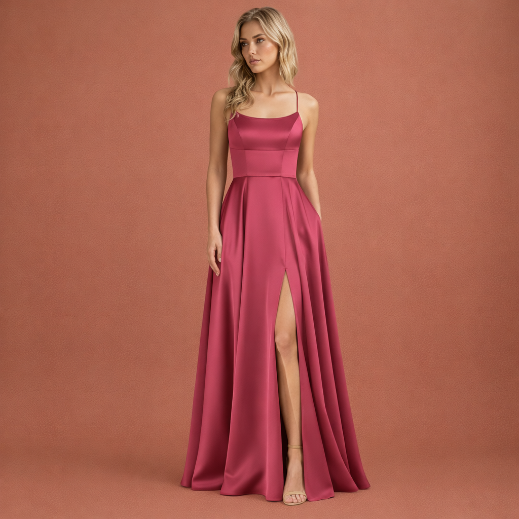 Maxi evening dress with thin straps and high slit for women | Aurelia