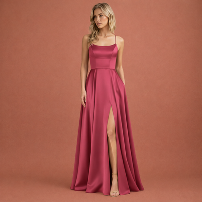 Maxi evening dress with thin straps and high slit for women | Aurelia