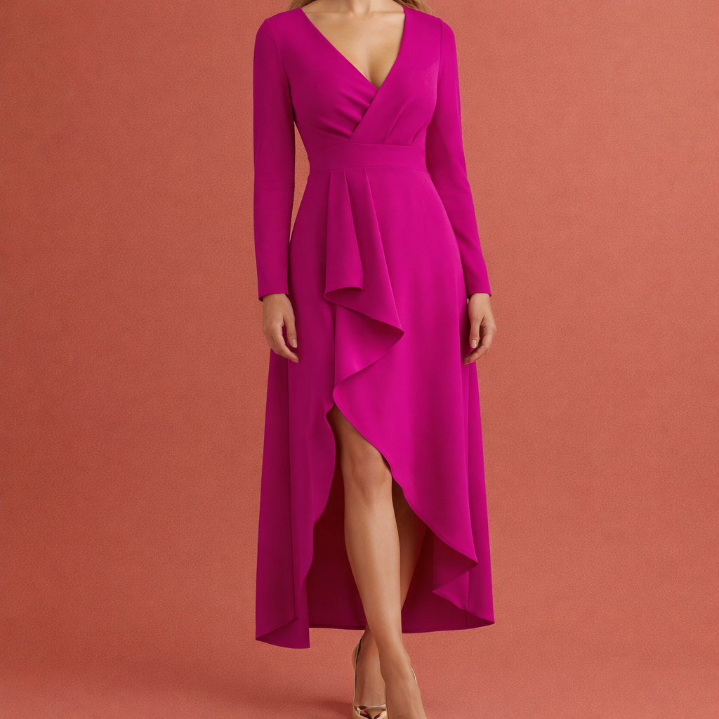 Maxi dress with asymmetrical design and V-neck for women | Catarina