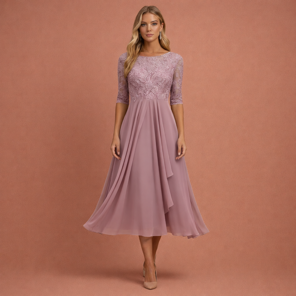 Midi evening dress with lace bodice and layered skirt for women | Amalia