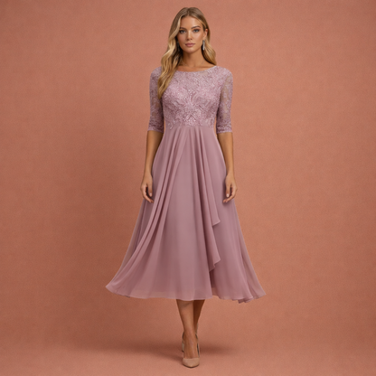 Midi evening dress with lace bodice and layered skirt for women | Amalia