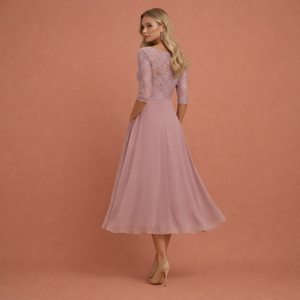 Midi evening dress with lace bodice and layered skirt for women | Amalia