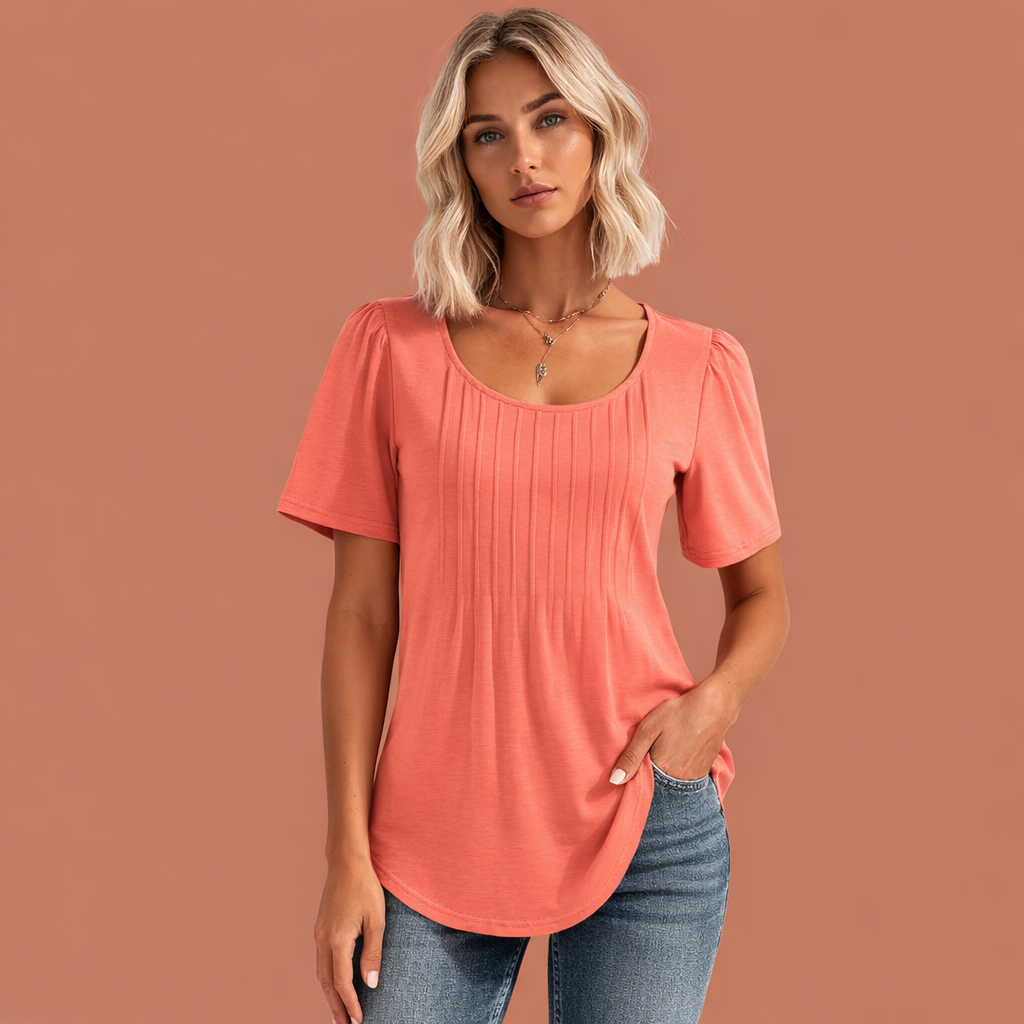 Ladies' Summer Top with Round Neck and Pleat Details | Marlijn