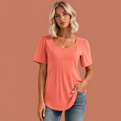 Ladies' Summer Top with Round Neck and Pleat Details | Marlijn