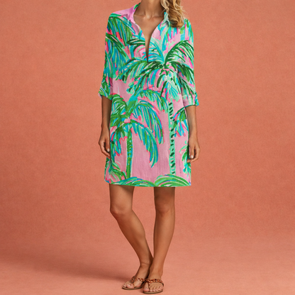 Midi summer dress with colorful print and A-line fit for women | Annalise