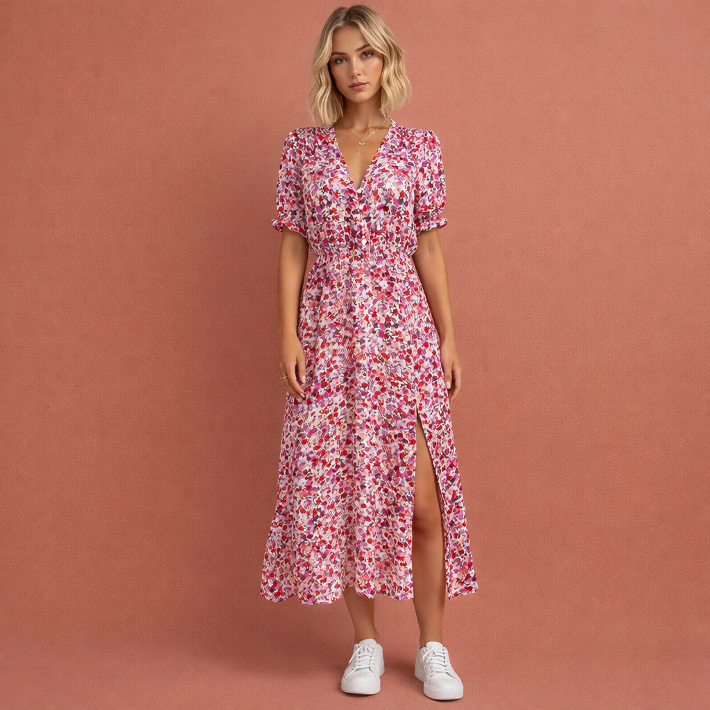 Floral Summer Dress with Button Row and Split for Women | Femke