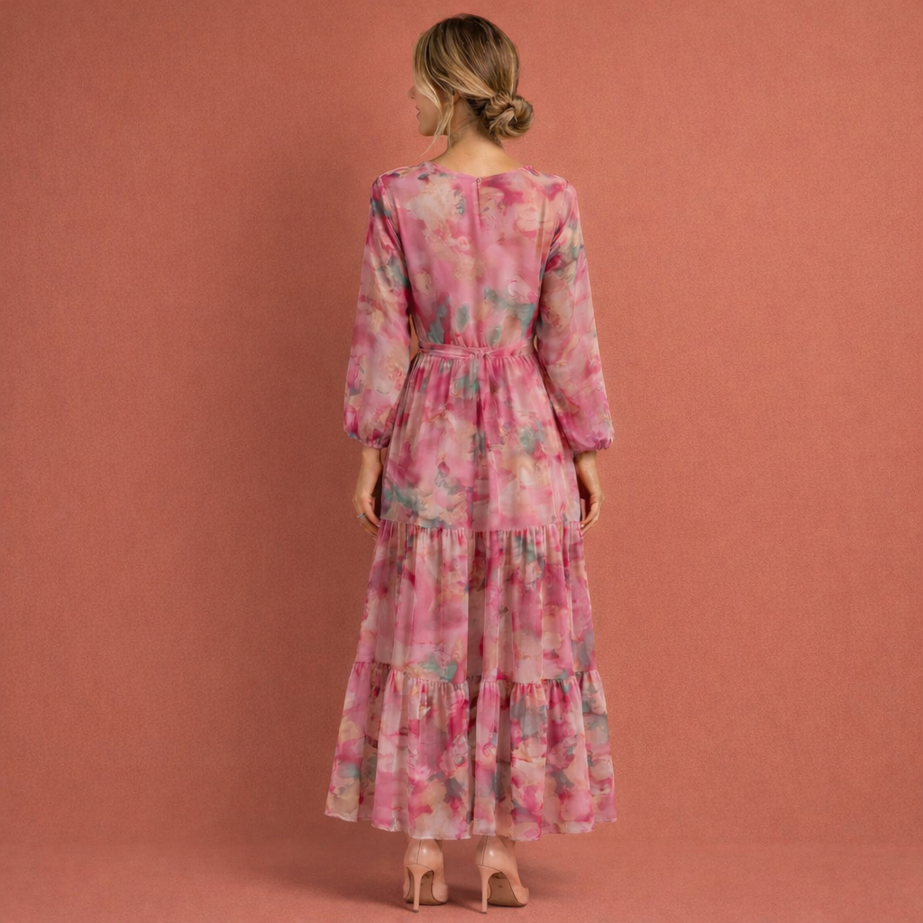 Maxi dress with V-neck and belt for women | Nora