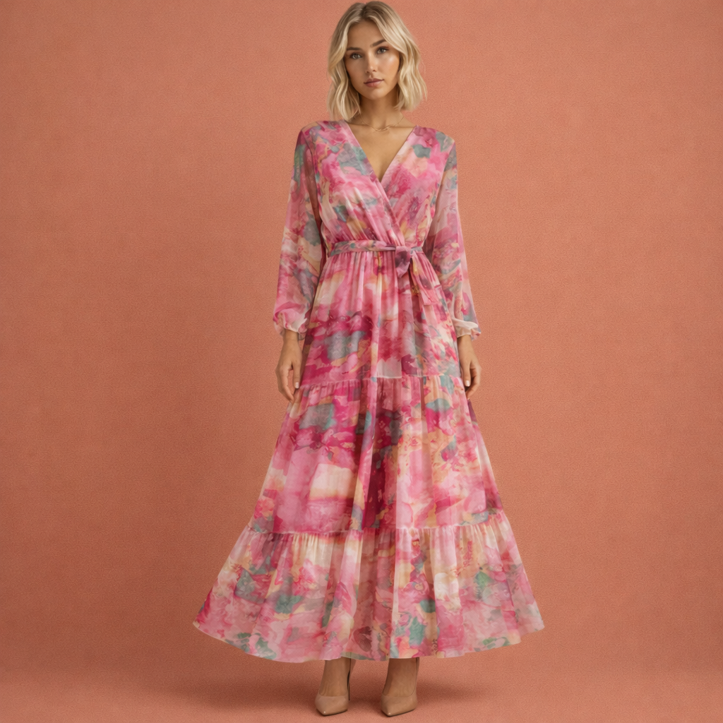 Maxi dress with V-neck and belt for women | Nora
