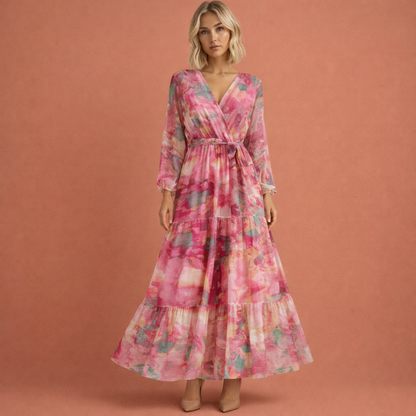 Maxi dress with V-neck and belt for women | Nora