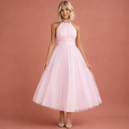 Maxi dress with halter neck and layered skirt for women | Aubrey