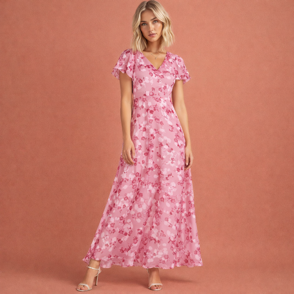 Maxi dress with V-neck and butterfly sleeves for women | Emilia