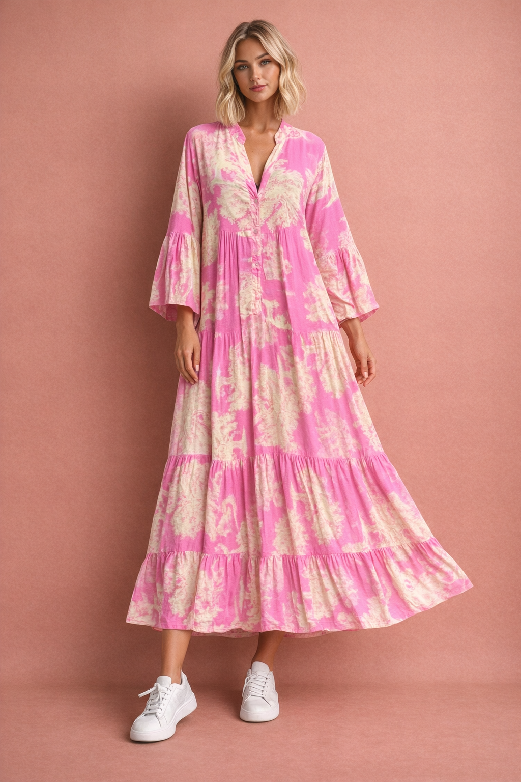 Maxi dress with print, flounce sleeves, and stand-up collar for women | Petra