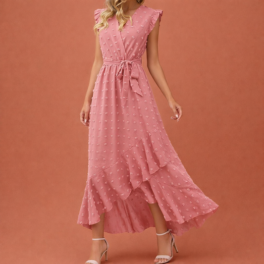 Maxi pleated dress with polka dots and short sleeves for women | Celina