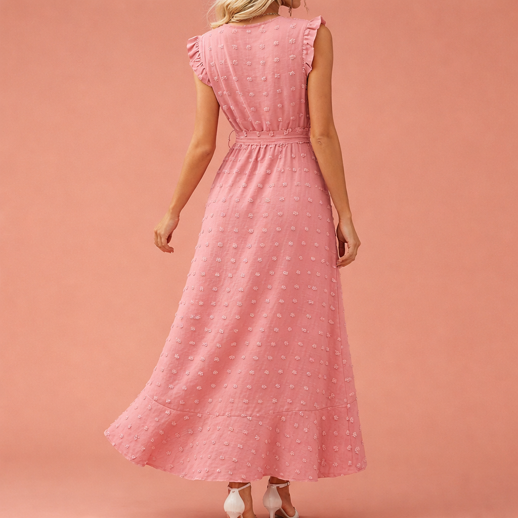 Maxi pleated dress with polka dots and short sleeves for women | Celina