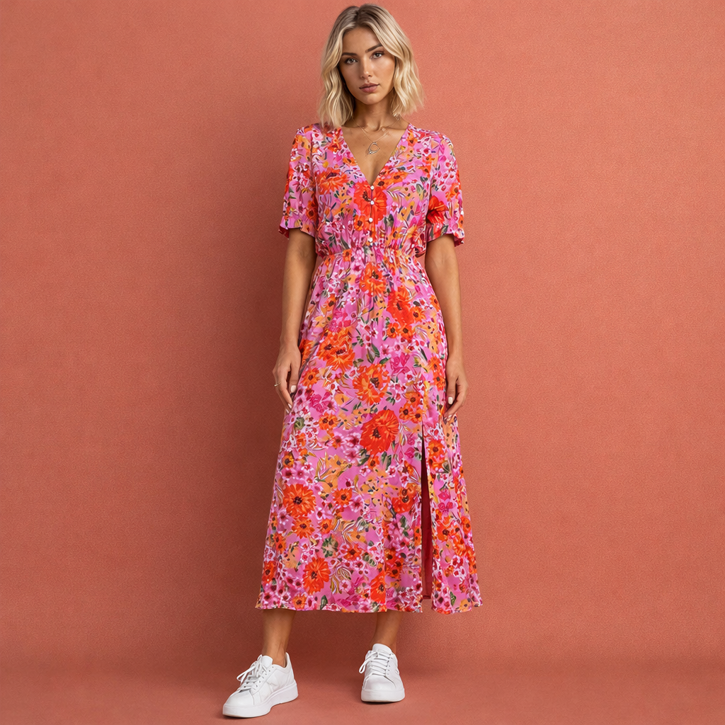 Floral Summer Dress with Button Row and Split for Women | Femke