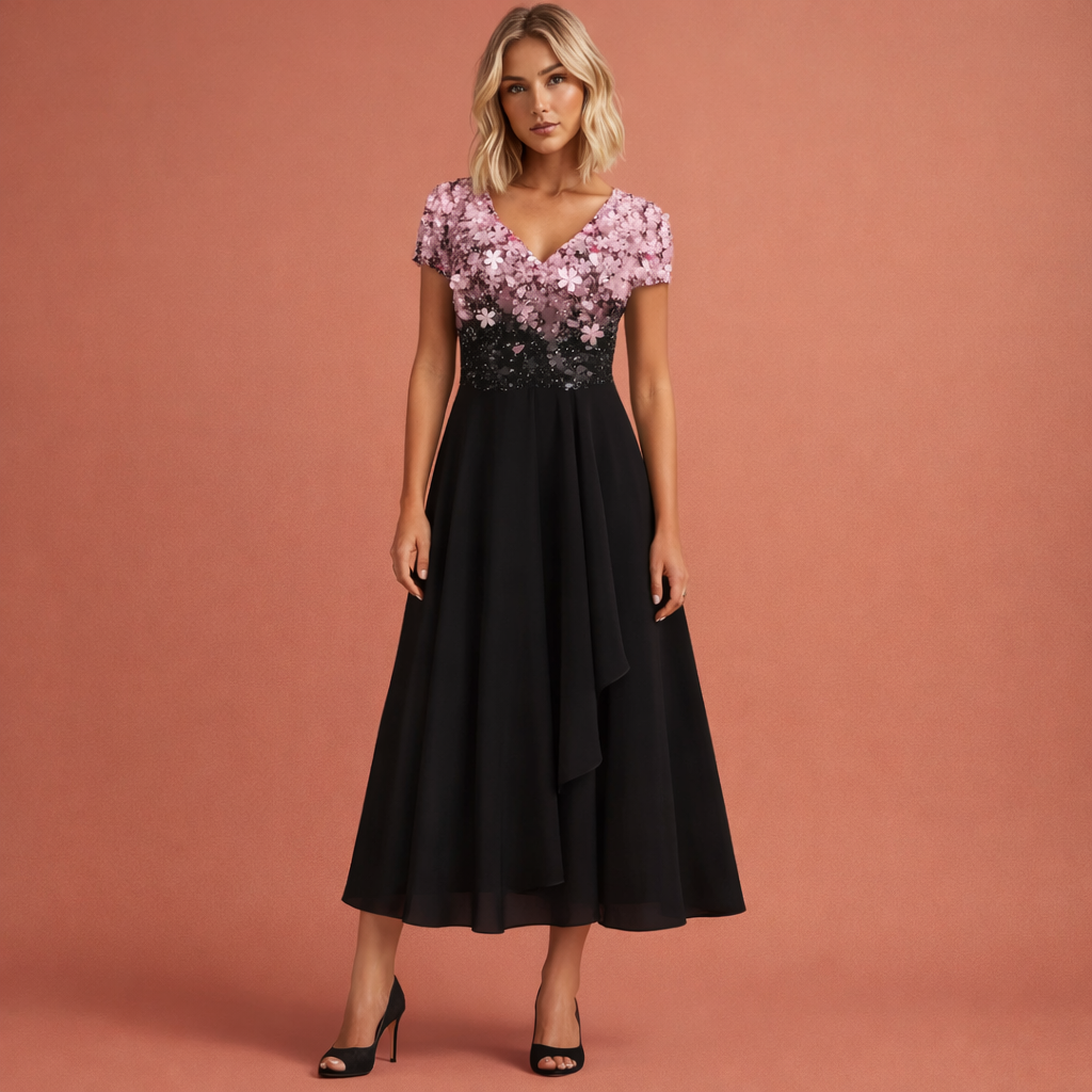 Midi evening dress with V-neck and floral bodice for women | Faith
