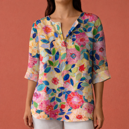 Flower print blouse with V-neck and buttons for women | Mirel