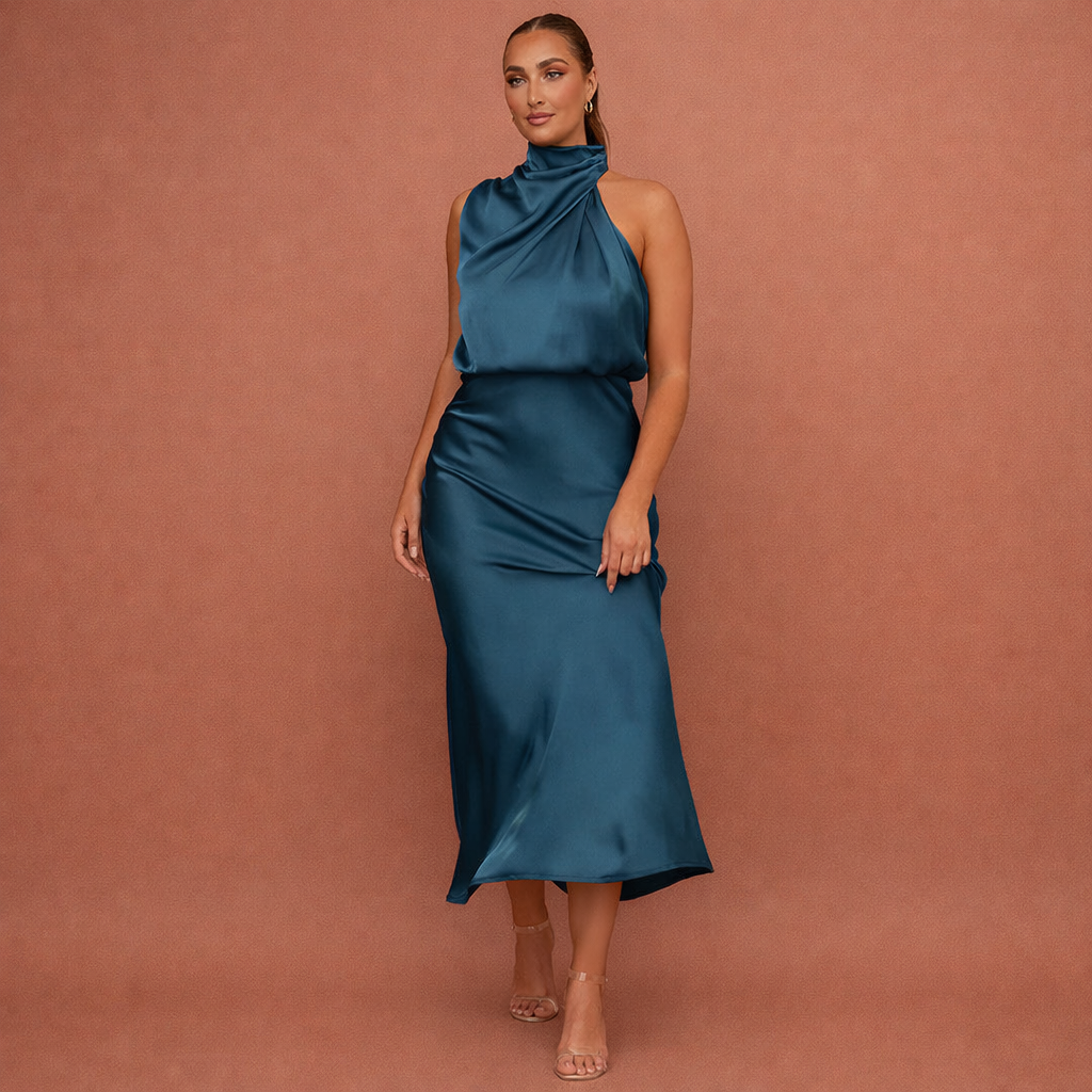 Elegant maxi dress with draped neckline and sleeveless design for women | Helena