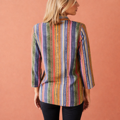 Ladies blouse with multicolor vertical stripes and classic collar | Marloes