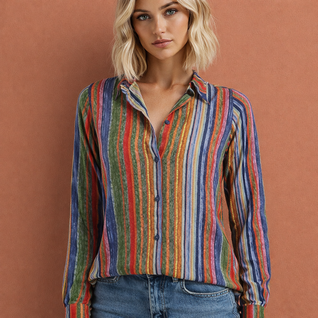 Ladies blouse with multicolor vertical stripes and classic collar | Marloes