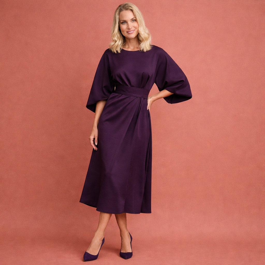 Midi dress with lantern sleeves and belt for women | Julie