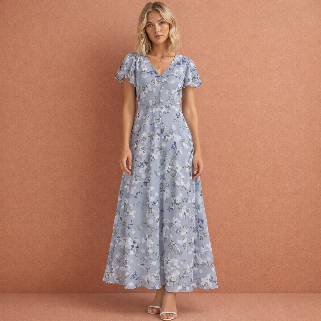 Maxi dress with V-neck and butterfly sleeves for women | Emilia