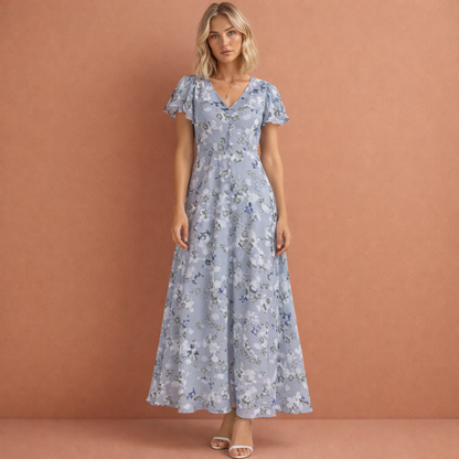 Maxi dress with V-neck and butterfly sleeves for women | Emilia