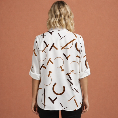 Graphic Letter Print Blouse for Women with Classic Collar | Marijke