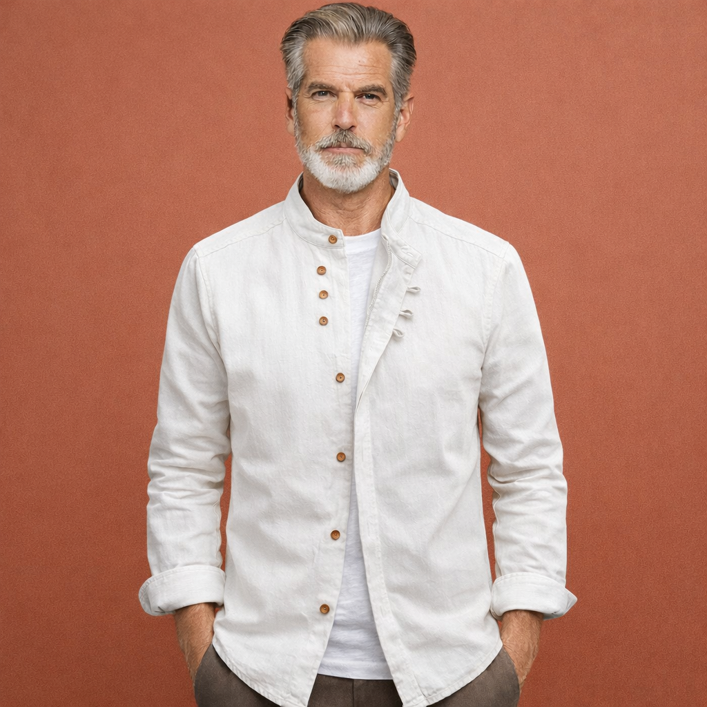 Men's shirt in Japanese style with high collar and asymmetrical buttons | Arjan