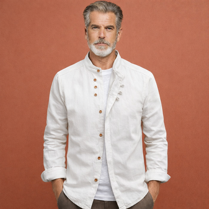 Men's shirt in Japanese style with high collar and asymmetrical buttons | Arjan