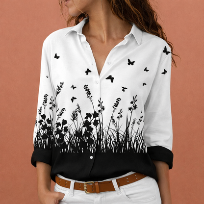 Printed women's blouse with classic collar and button closure | Hanna