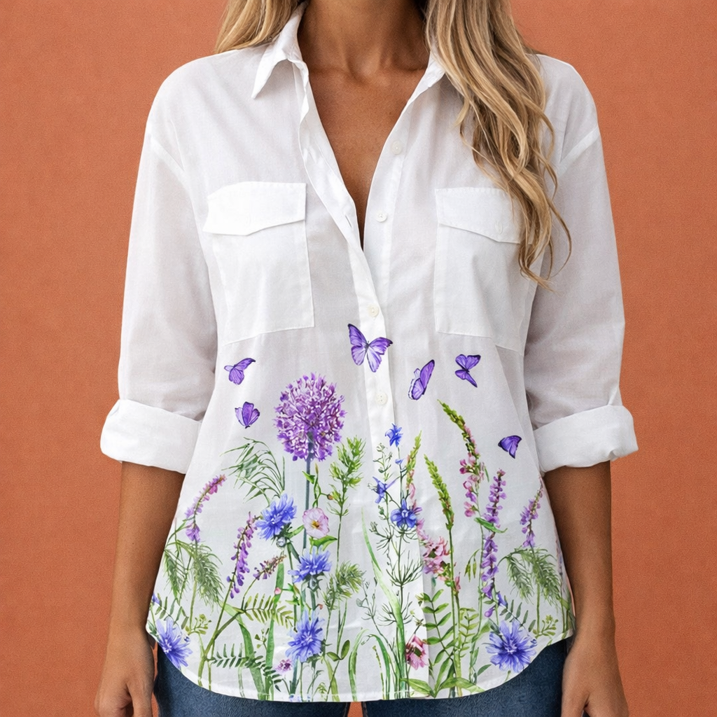Printed women's blouse with collar and button closure | Clarisse