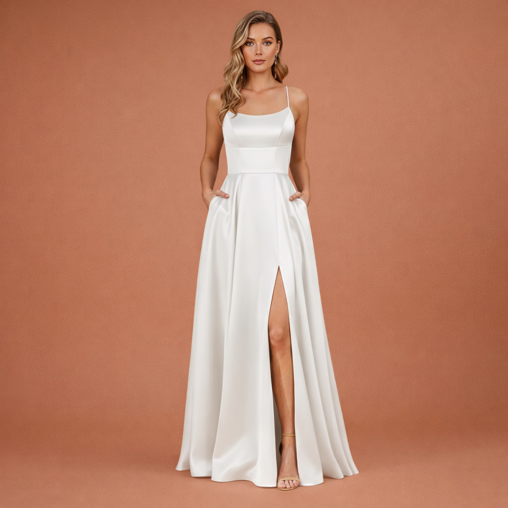 Maxi evening dress with thin straps and high slit for women | Aurelia