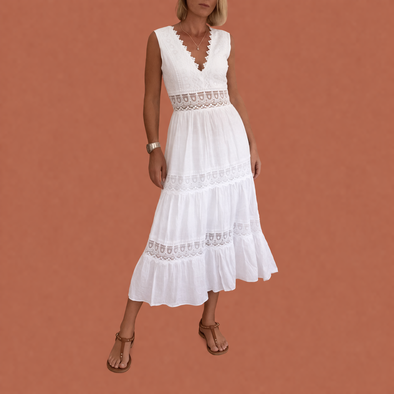 Sleeveless Midi Dress with V-Neck and Layered Skirt for Women | Celestine