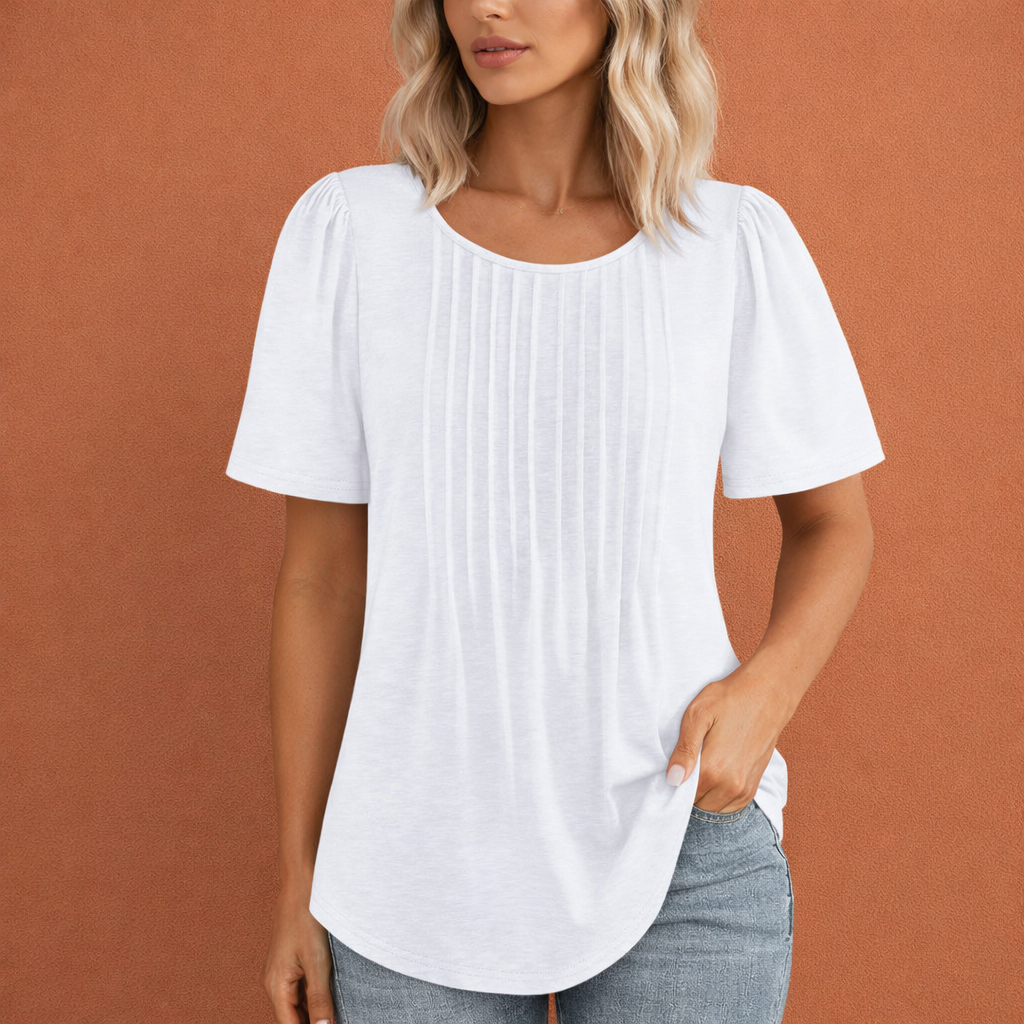 Ladies' Summer Top with Round Neck and Pleat Details | Marlijn